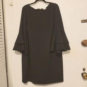 Calvin Klein Black Dress with Flounce Bell Sleeve and Back Zipper